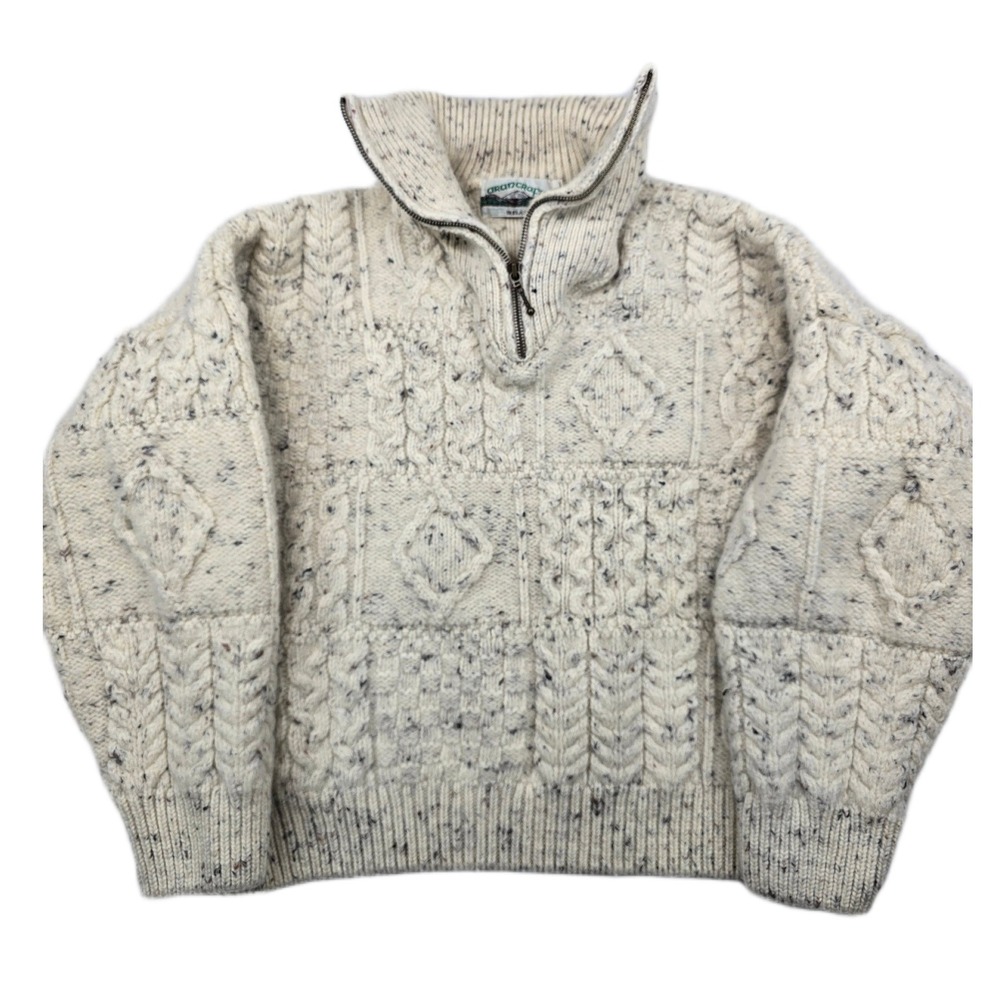 Aran Crafts Cable Knit Sweater Womens Large Cream Wool Ireland 1/4 Zip Chunky